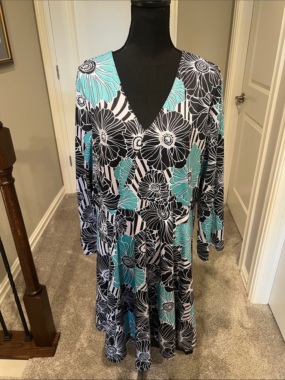 V-Neck Aqua and Black Floral Midi Dress